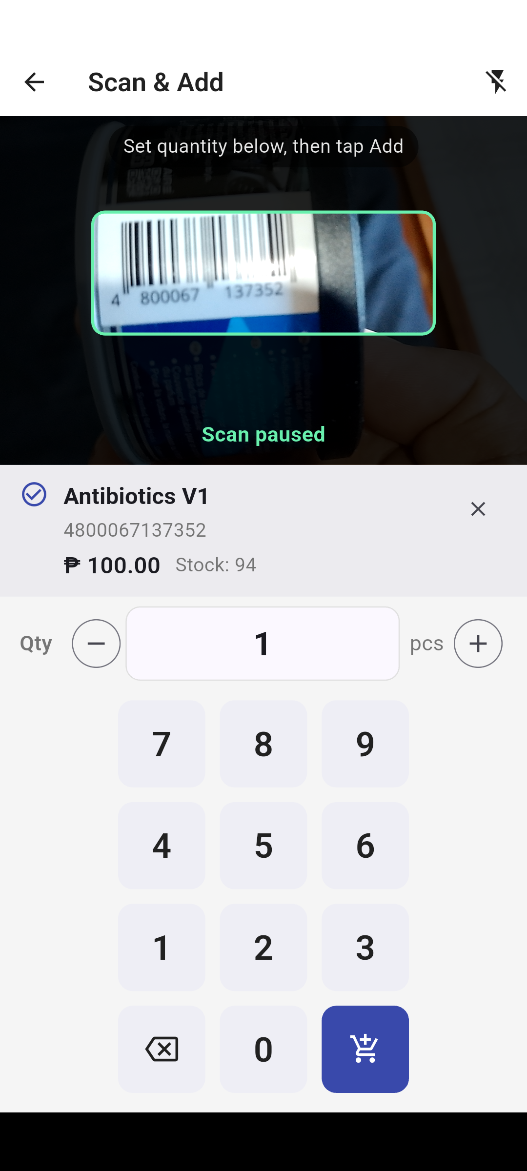 Posh barcode scanner with a detected product and quantity controls
