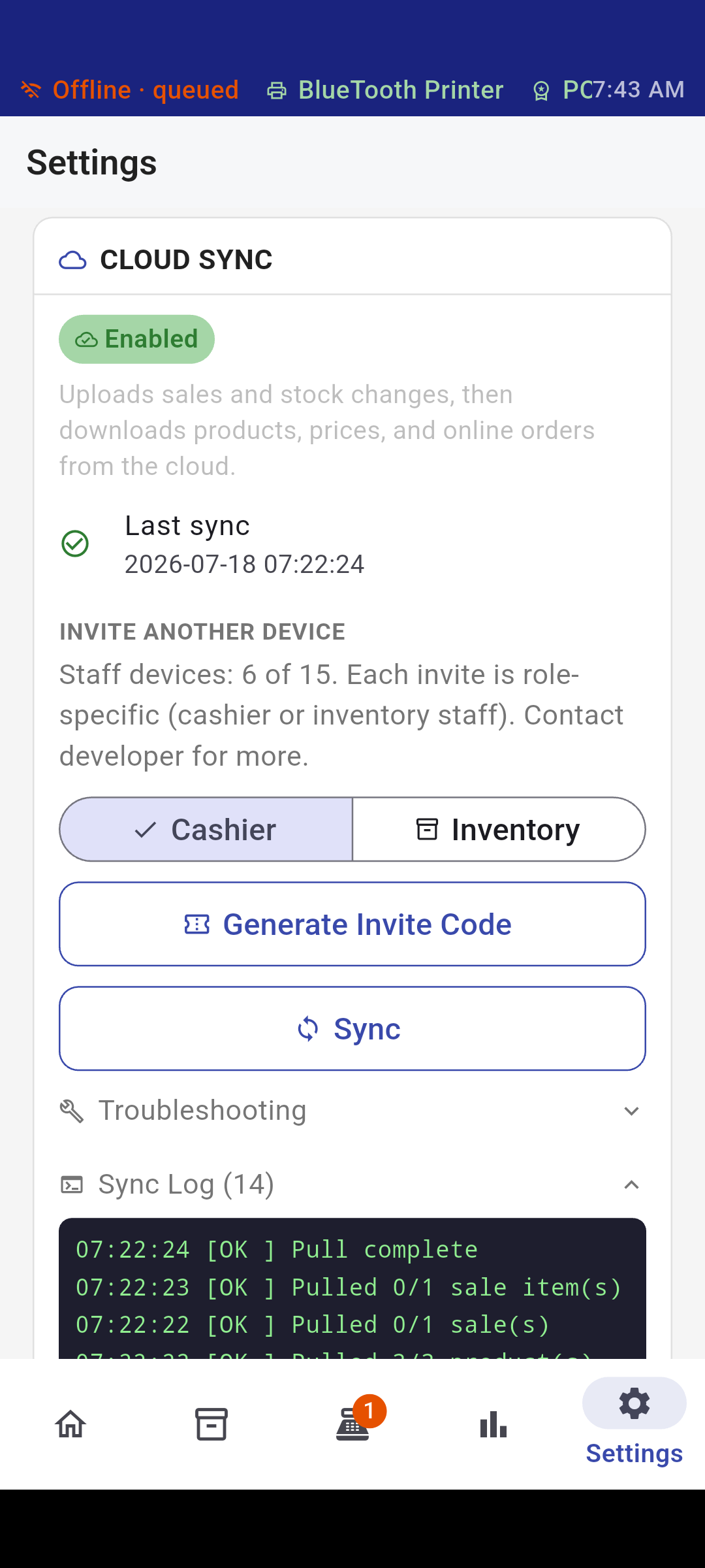 Posh cloud sync settings with device invites, troubleshooting, and sync logs