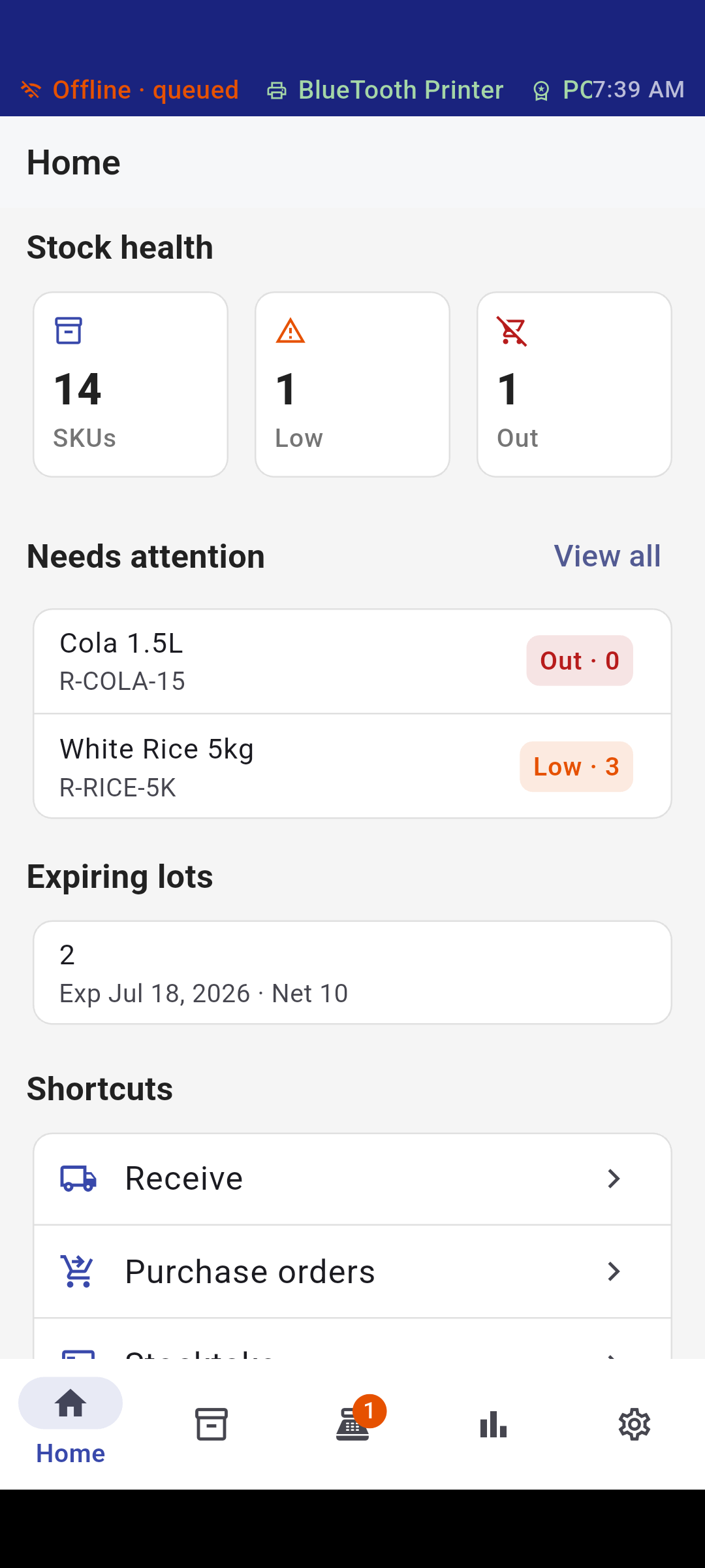 Posh home dashboard showing stock health, low-stock items, and inventory shortcuts