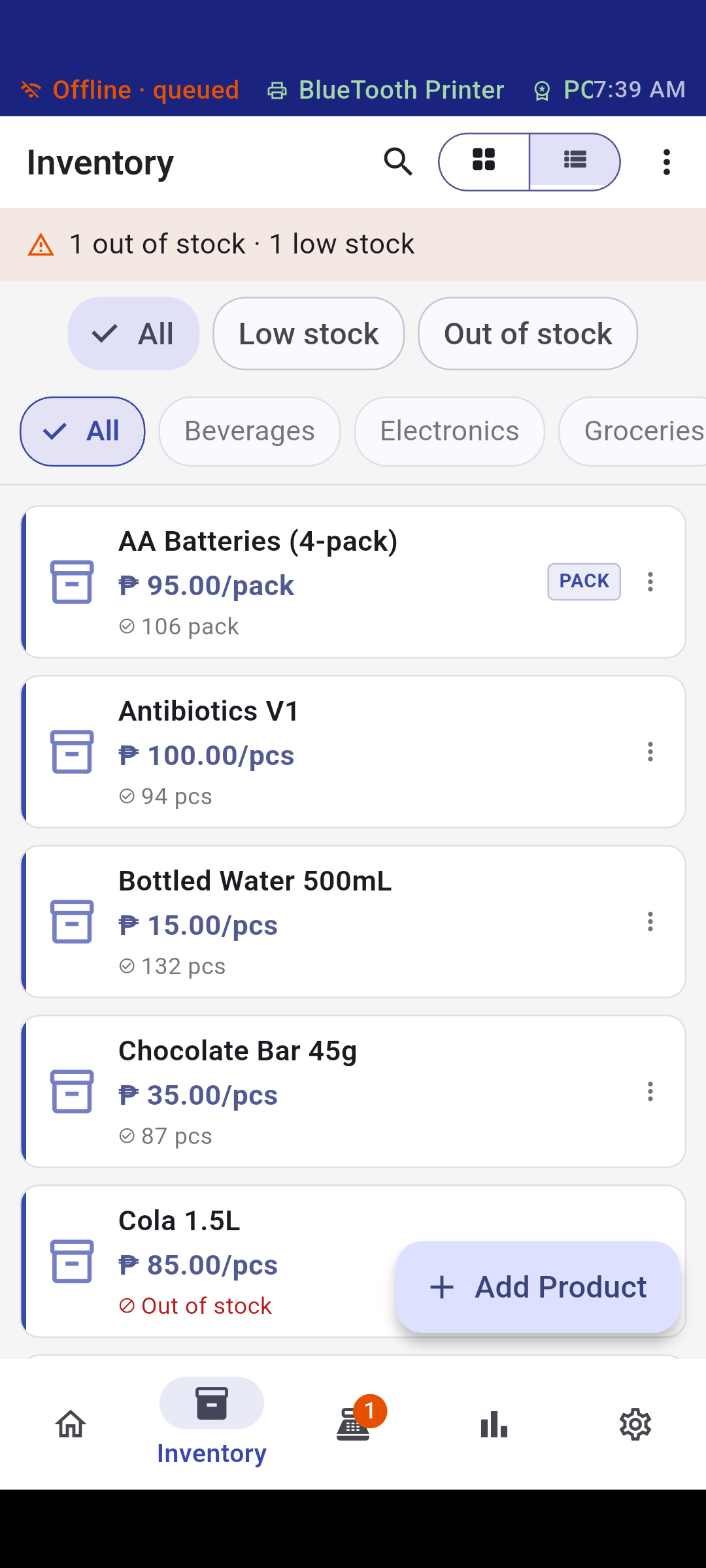 Posh product catalog with category and stock-status filters
