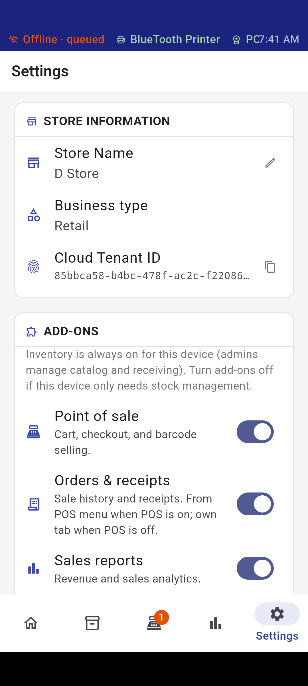 Posh settings showing optional point-of-sale, orders, and sales-report add-ons