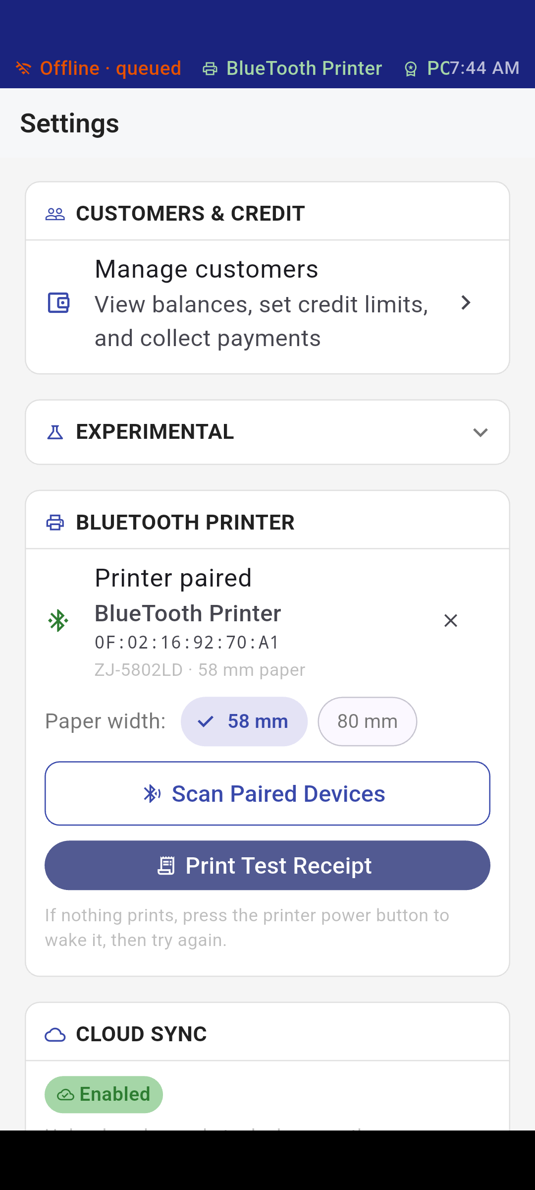 Posh settings for customer credit and a paired Bluetooth receipt printer