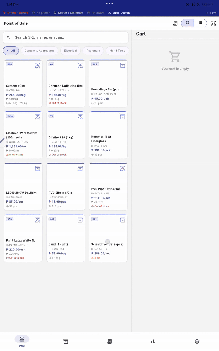 Posh on a tablet—inventory filters and SKU-forward POS